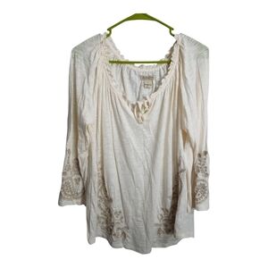 Lucky Brand Peasant Embroidered‎ Tie Neck Boho Festival Rodeo Western Blouse L